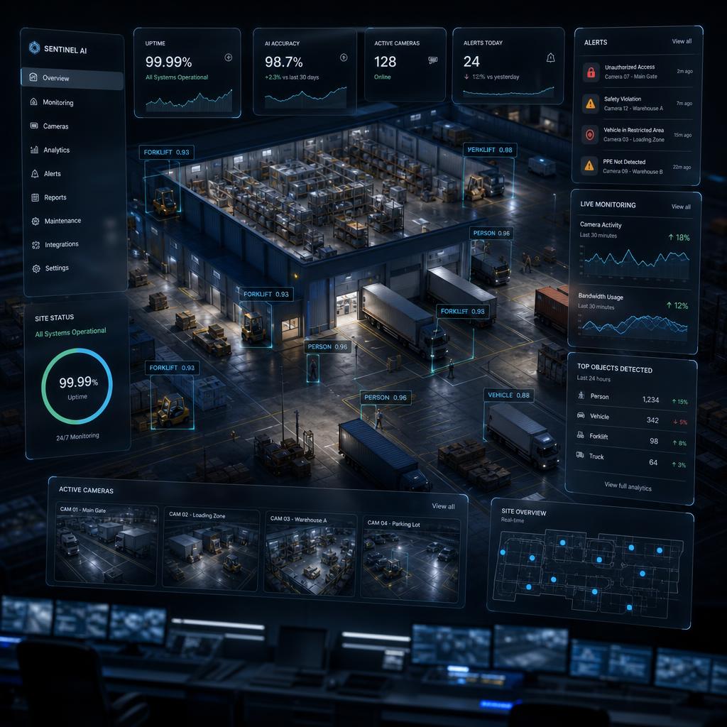 Visioncams operations console — live warehouse and logistics surveillance with AI detection overlays